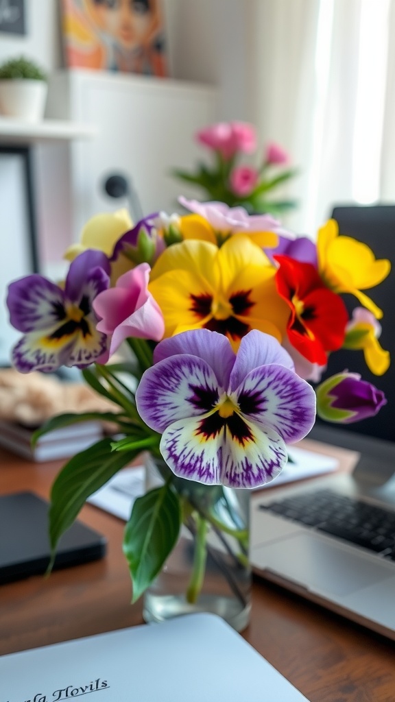 A vibrant bouquet of pansies in various colors on a desk, creating a cheerful home office atmosphere.