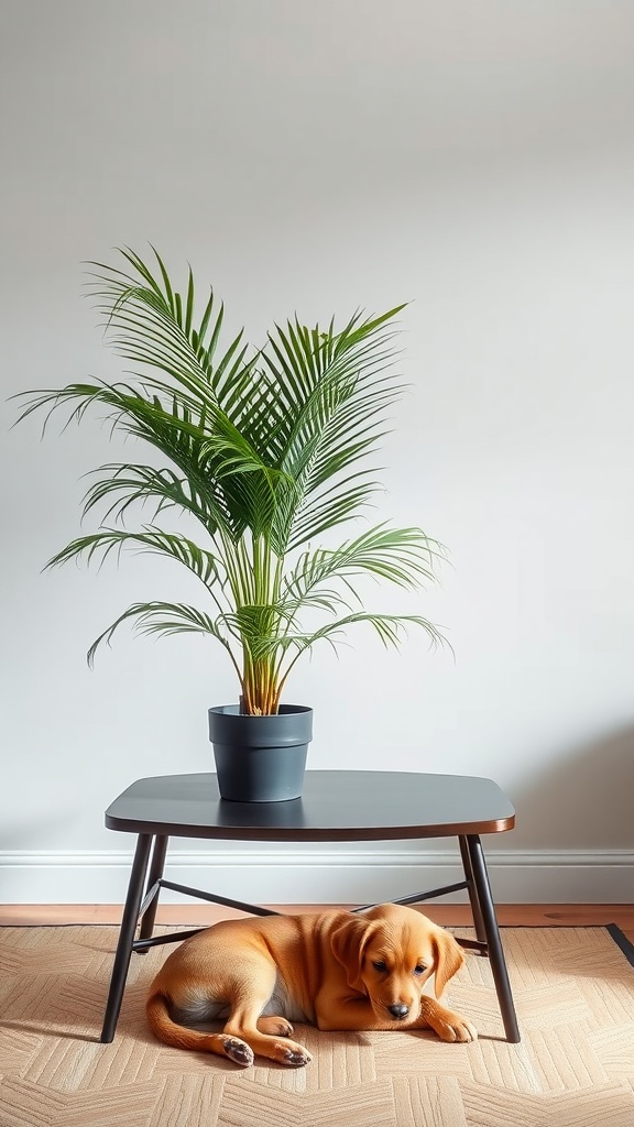 A Parlor Palm on a table with a sleeping puppy underneath, showcasing a pet-friendly home decor.