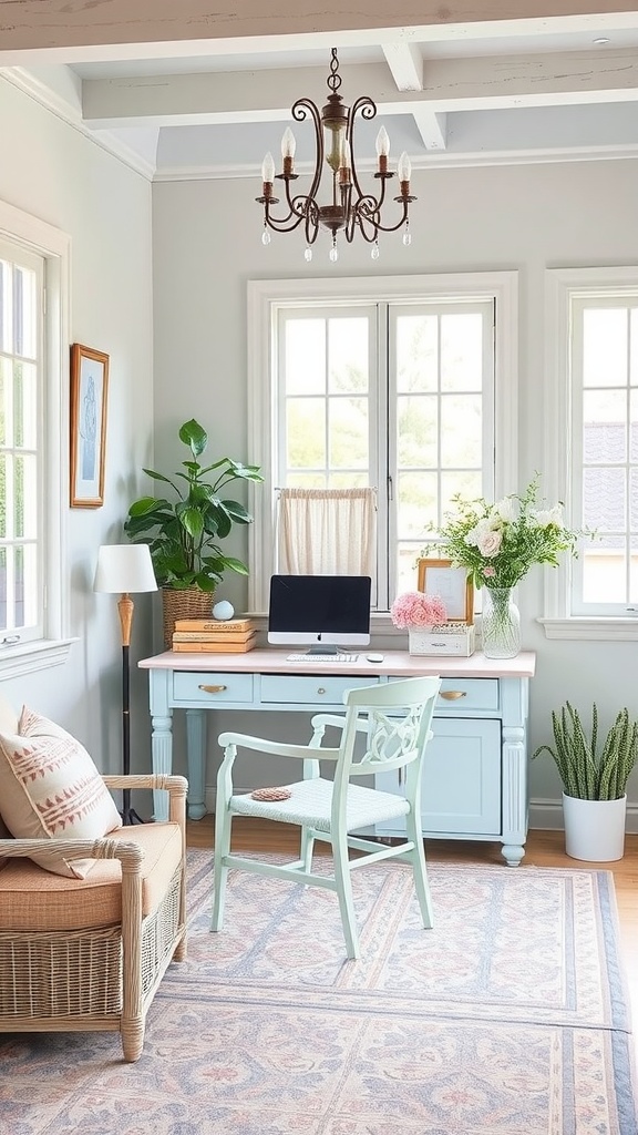 A cozy home office featuring a pastel blue desk, a rattan chair, and large windows with plants.