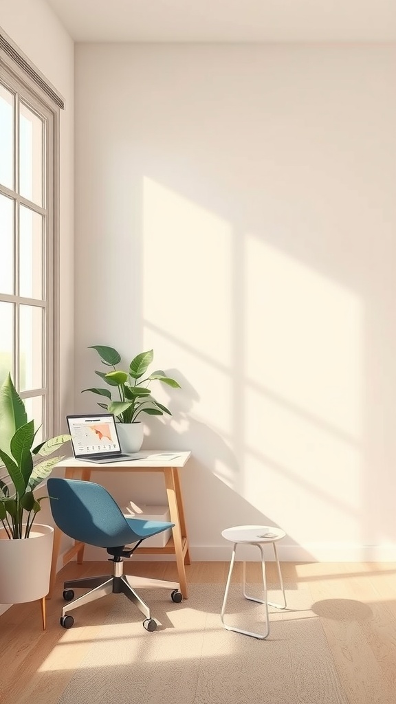 A bright and airy home office with pastel colors, featuring a desk, chair, and indoor plants.