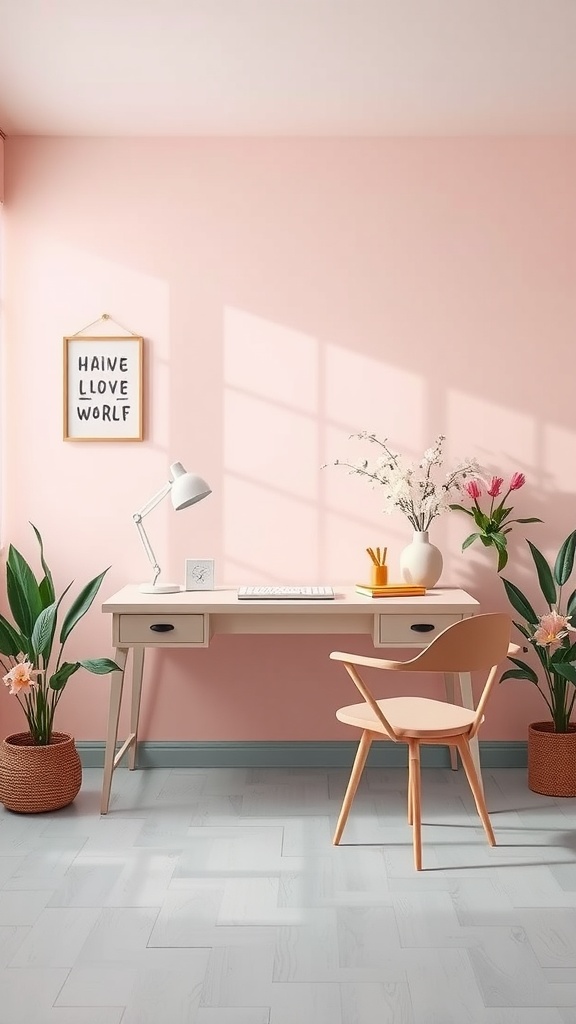 Pastel colored home office with pink walls, a simple desk, and plants.