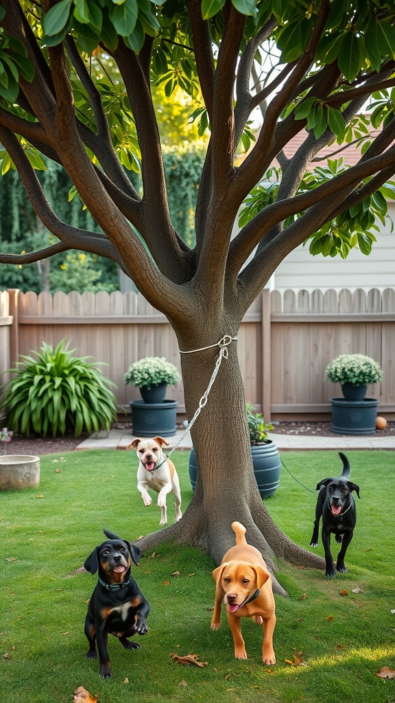 A group of dogs playing around a large Paw Paw tree in a garden setting.
