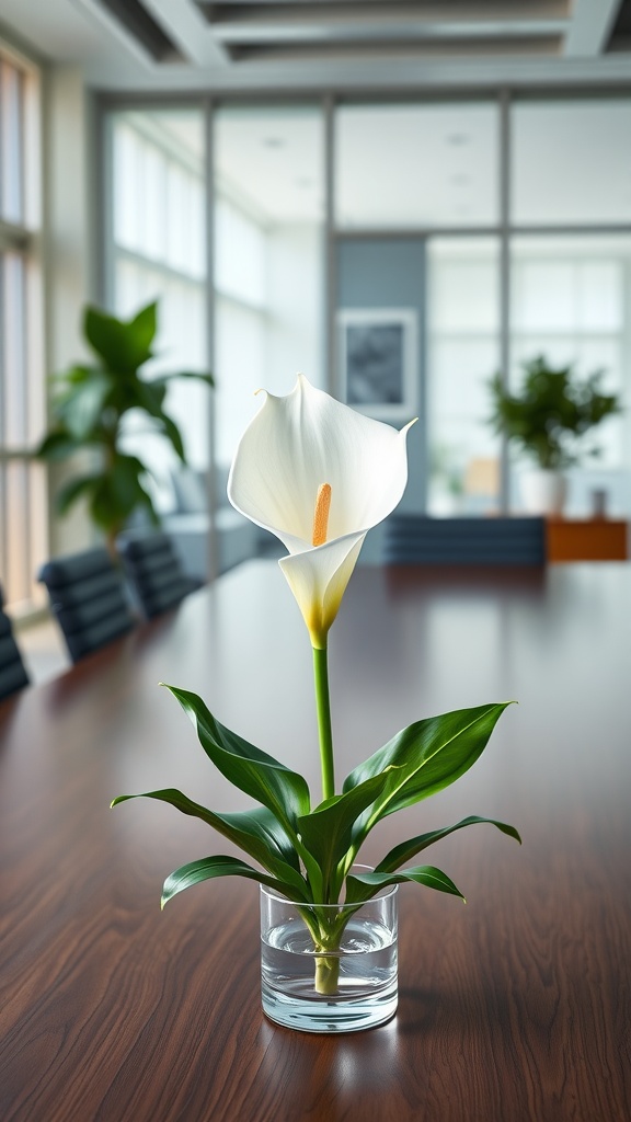 Peace lily plant displayed in an office setting, showcasing its elegant white flowers and green leaves.