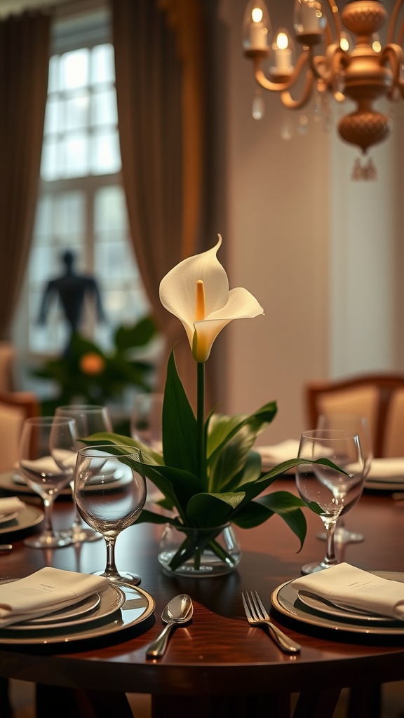 A peace lily on a dining table, surrounded by elegant tableware and glasses.