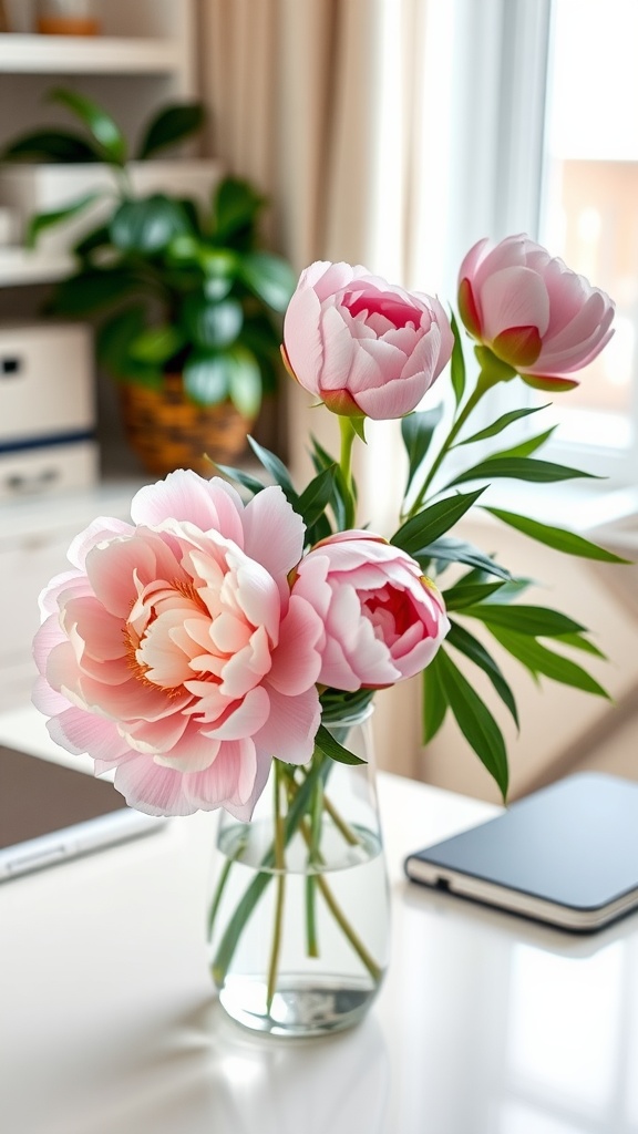 A vase of pink peonies on a desk in a bright home office