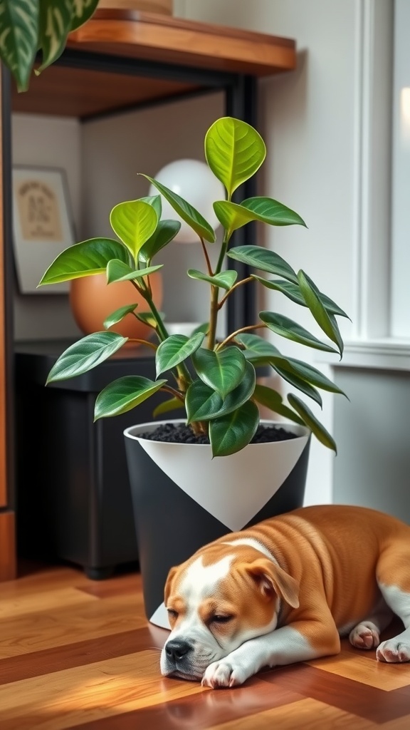 Two puppies lying next to a Peperomia plant in a decorative pot.
