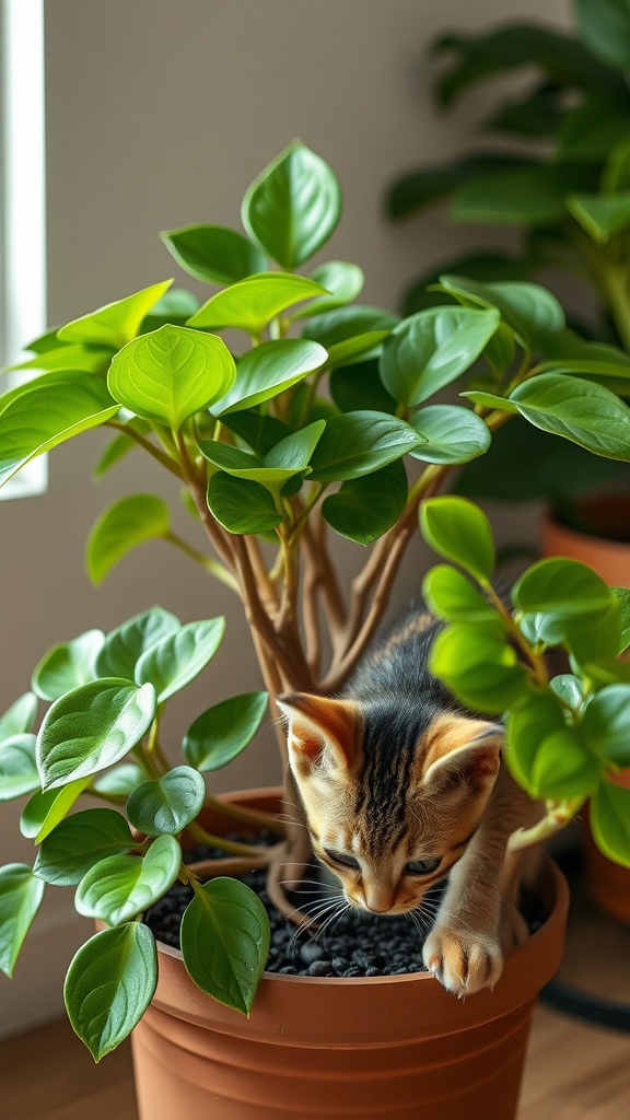 A curious cat looking at a Peperomia plant in a pot.