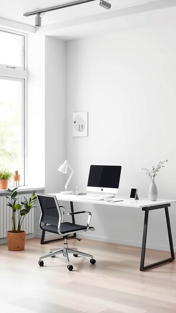 A minimalist office setup with a sleek desk, ergonomic chair, computer, and potted plants.