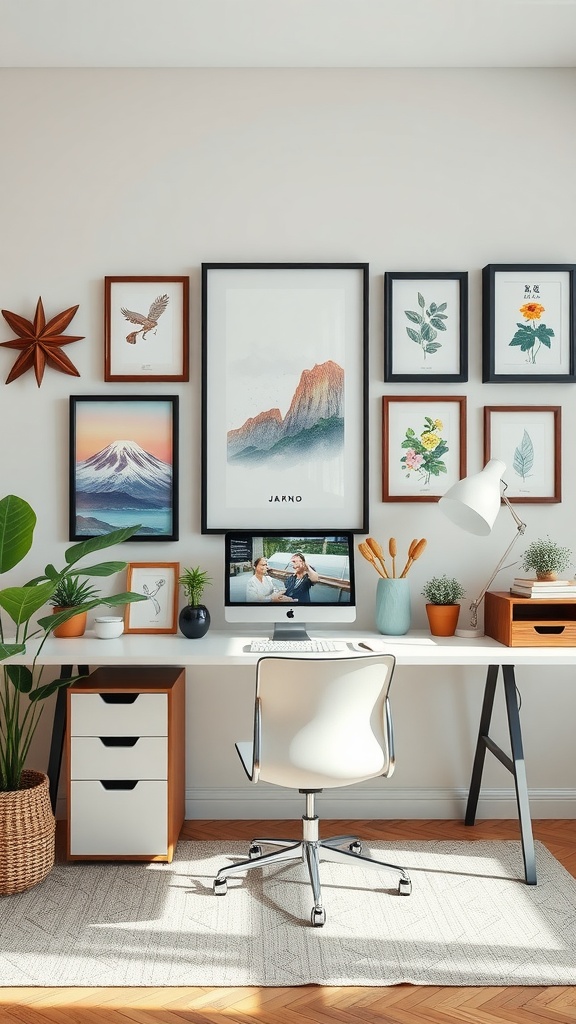 A stylish home office with personalized art and decor in Japandi style, featuring wood furniture and nature-themed artwork.