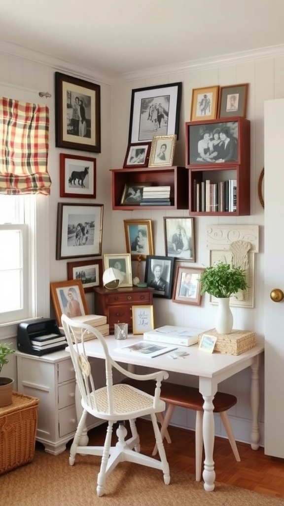 A cozy home office showcasing personalized art displays and cottage-style furniture.