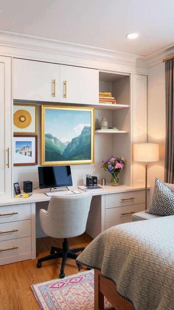 Cozy office space with a modern desk, chair, and framed artwork on wooden walls.