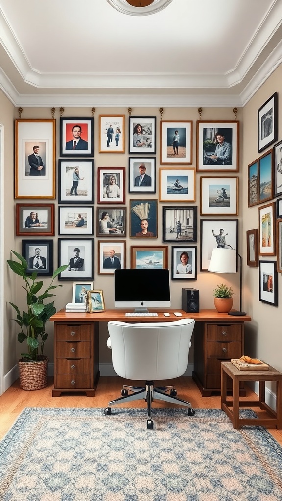 A small home office with a gallery wall of personalized artwork and a desk setup.