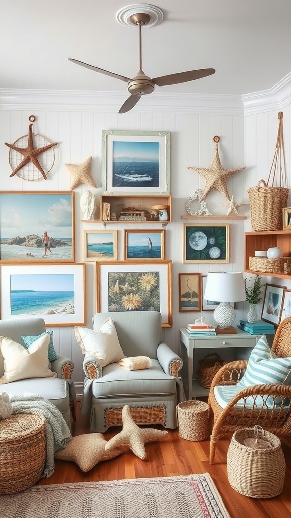 Cozy coastal living room with framed beach photos, starfish decor, and comfortable seating