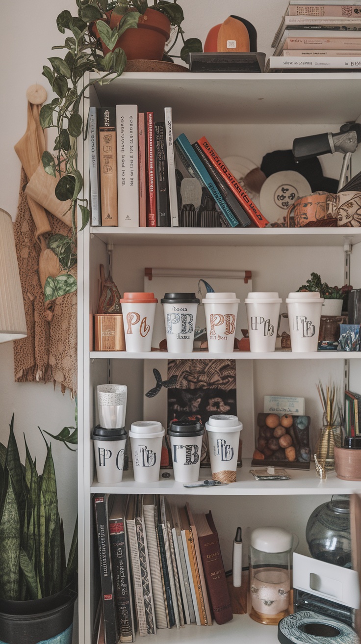 A collection of personalized coffee mugs displayed on a shelf, showcasing different styles and designs.