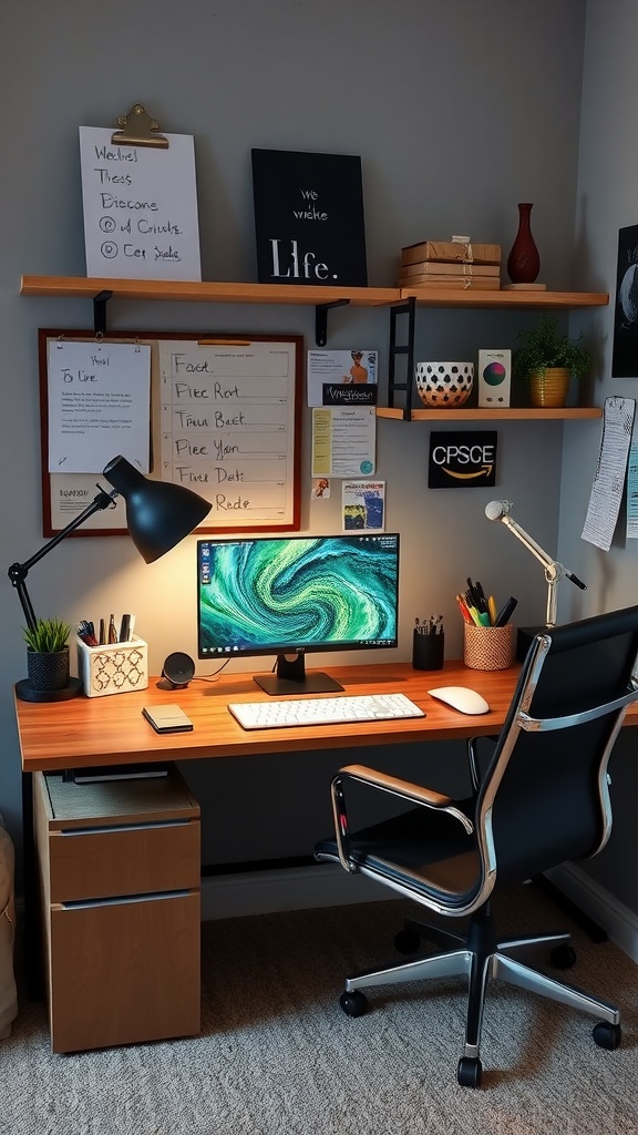 A modern masculine home office with a dark aesthetic featuring a desk, computer, and personalized accessories.