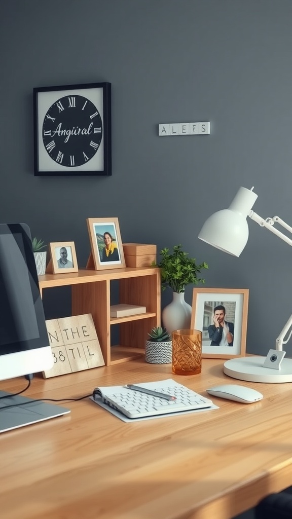 A modern home office setup featuring a personalized desk with motivational wall art, lamp, potted plant, and framed photos.
