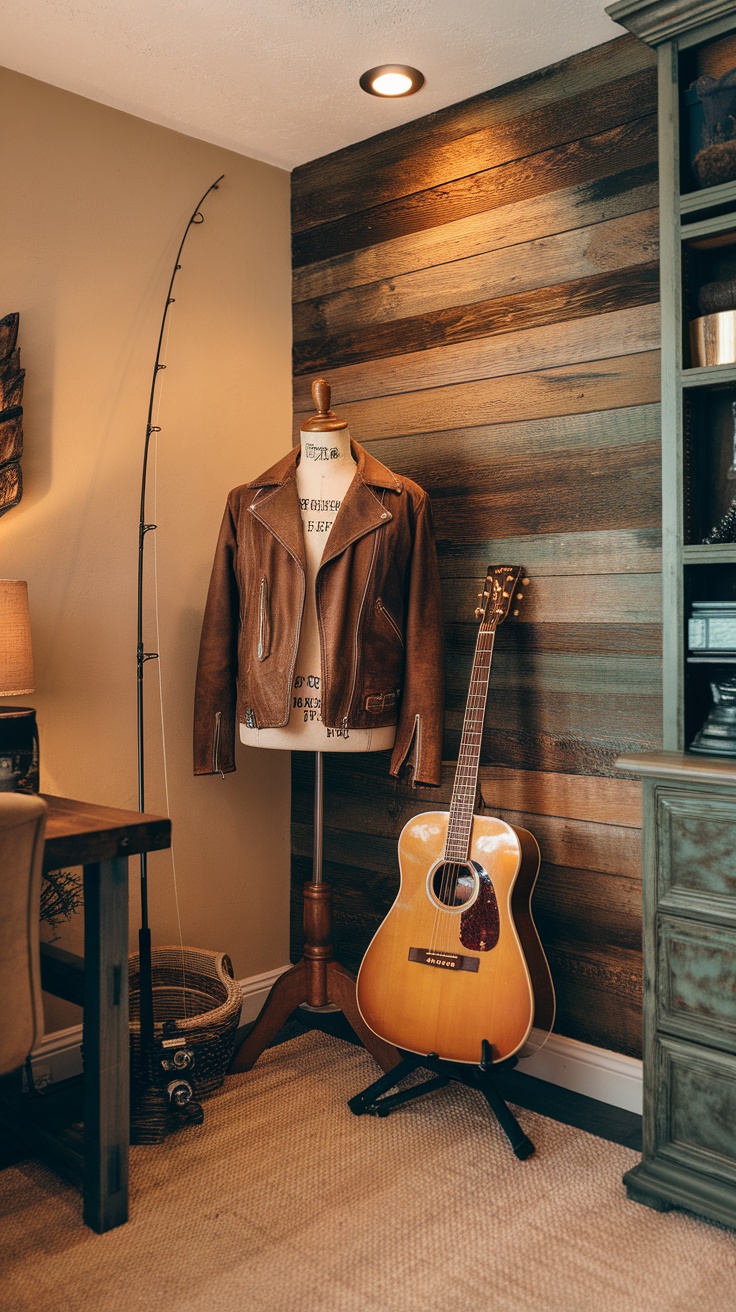An inspiring home office setup featuring a mix of personal art, stylish furniture, and a cozy atmosphere.