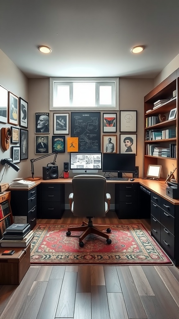 A cozy home office with framed artwork and a modern desk setup