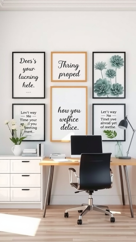 A well-decorated home office with framed inspirational quotes and succulents.
