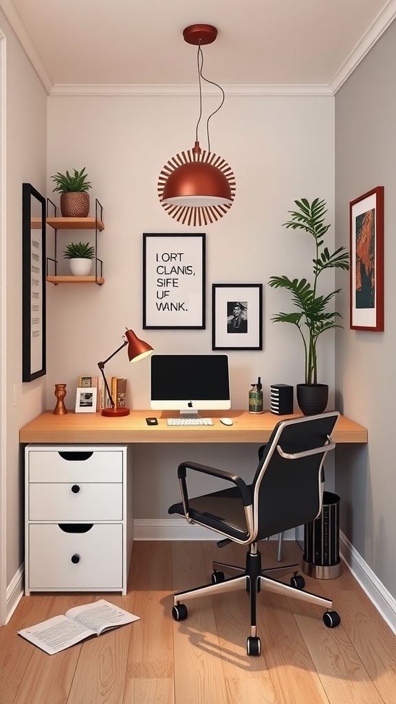 A modern home office nook with a wooden desk, stylish lamp, and framed artwork on walls.