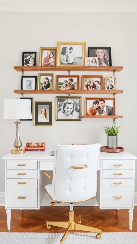 A stylish home office with a personalized photo display and elegant decor.