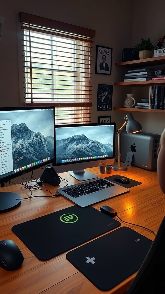 A modern male home office setup with dual monitors, a laptop, and minimalist decor.