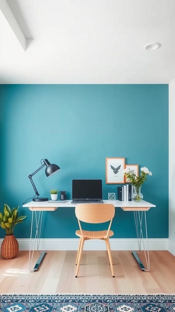 A modern home office featuring a teal wall, white desk, and minimalistic decor.
