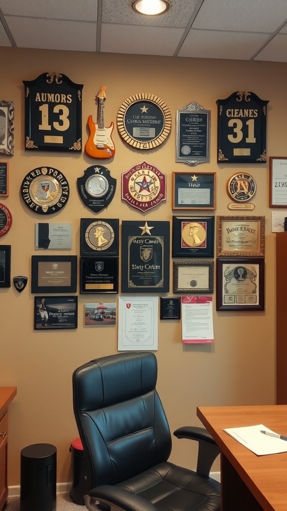 A wall decorated with plaques and memorabilia showcasing achievements and personal interests