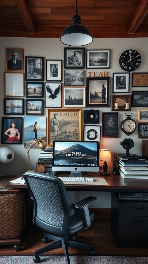 A well-decorated male home office with a desk, computer, and an artistic wall display.