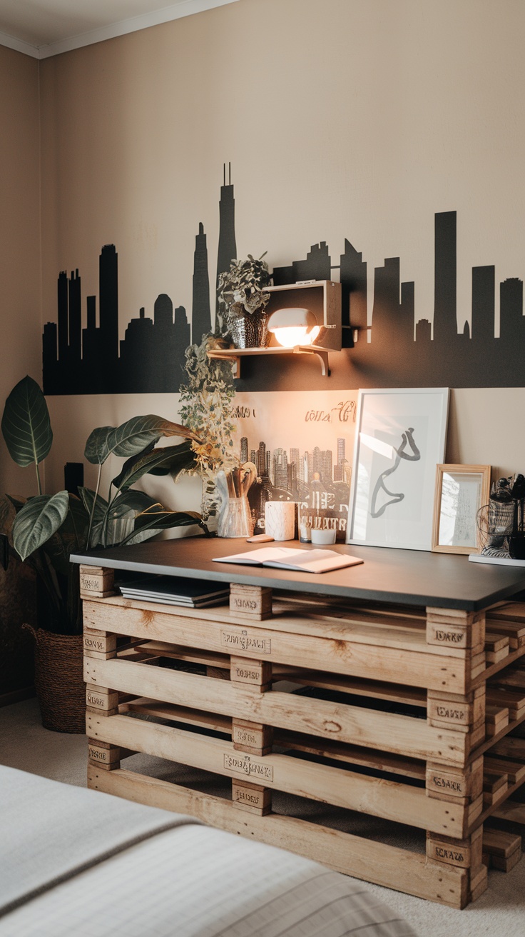 A cozy bedroom with a workspace, featuring a wooden desk, comfortable chair, and decorative elements.