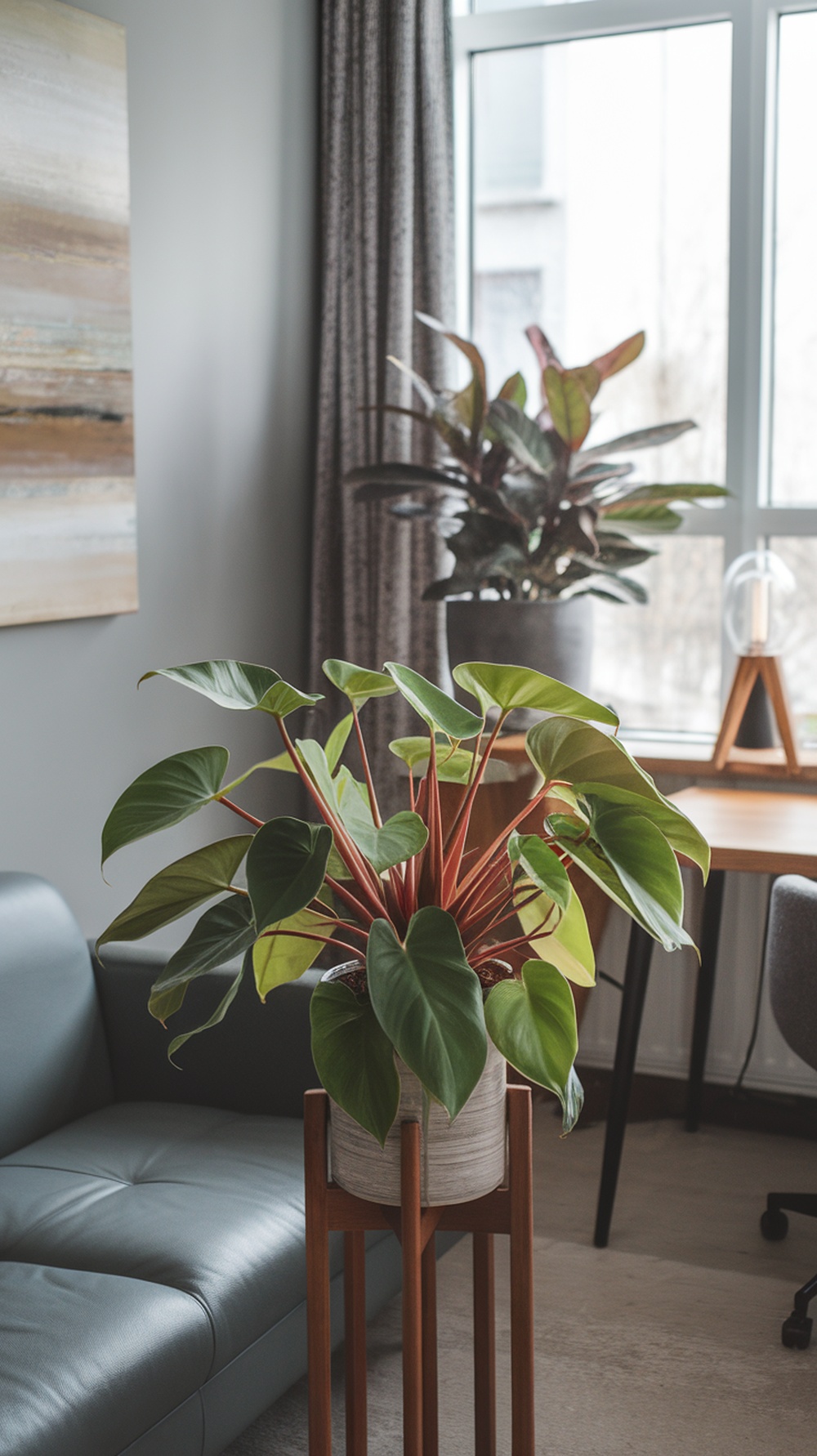 A Philodendron plant displayed in a stylish pot in a modern home office setting.