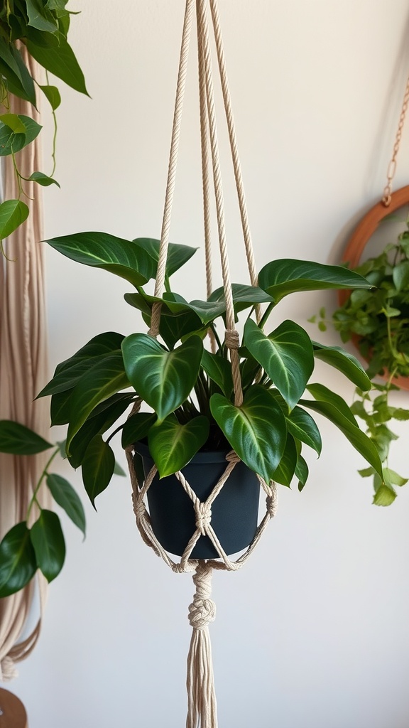 Philodendron plant hanging in a macramé planter