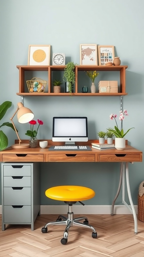 A beautifully styled home office with a yellow stool, wooden desk, and decorative accessories reflecting a spring aesthetic.
