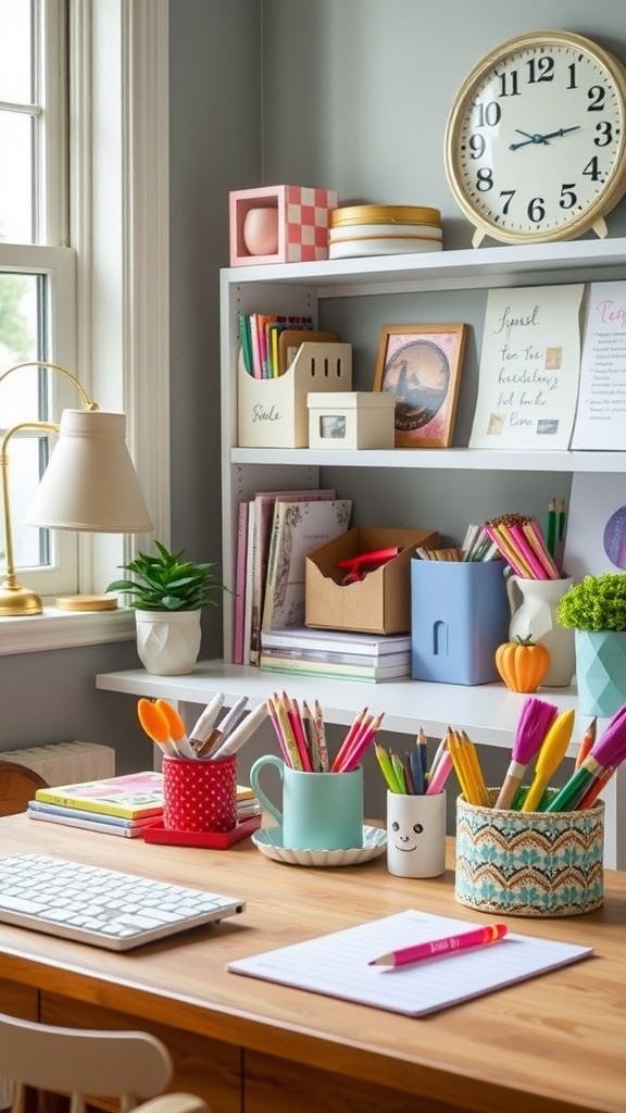 A cozy English cottage style home office with playful desk accessories, including colorful pencil holders, a charming lamp, and a decorative pillow shaped like a book.