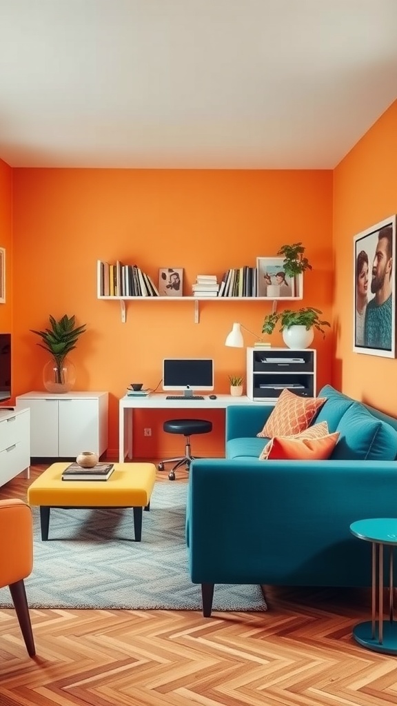A vibrant living room with orange walls, teal couch, yellow coffee table, and a home office setup.