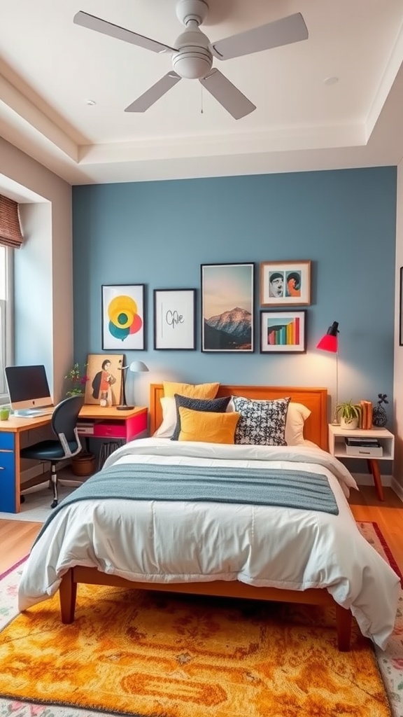Colorful bedroom with orange headboard, blue walls, and playful furniture