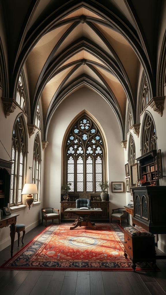 Interior of a gothic-style home office with pointed arches and vaulted ceilings, featuring a gothic rose window and elegant furniture.
