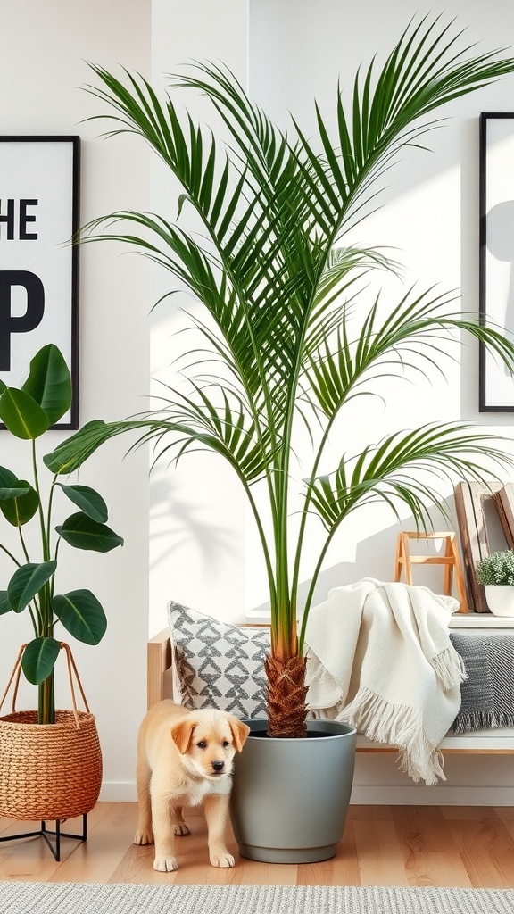 A Ponytail Palm plant next to a puppy in a bright and airy room