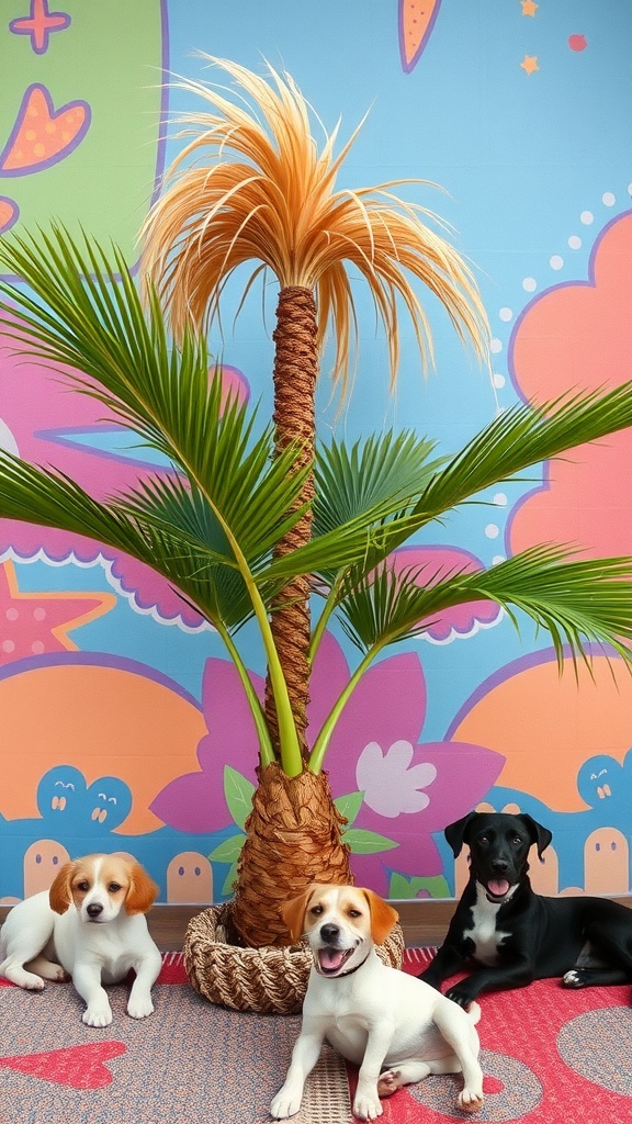 Three playful puppies sitting in front of a Ponytail Palm plant against a colorful background.