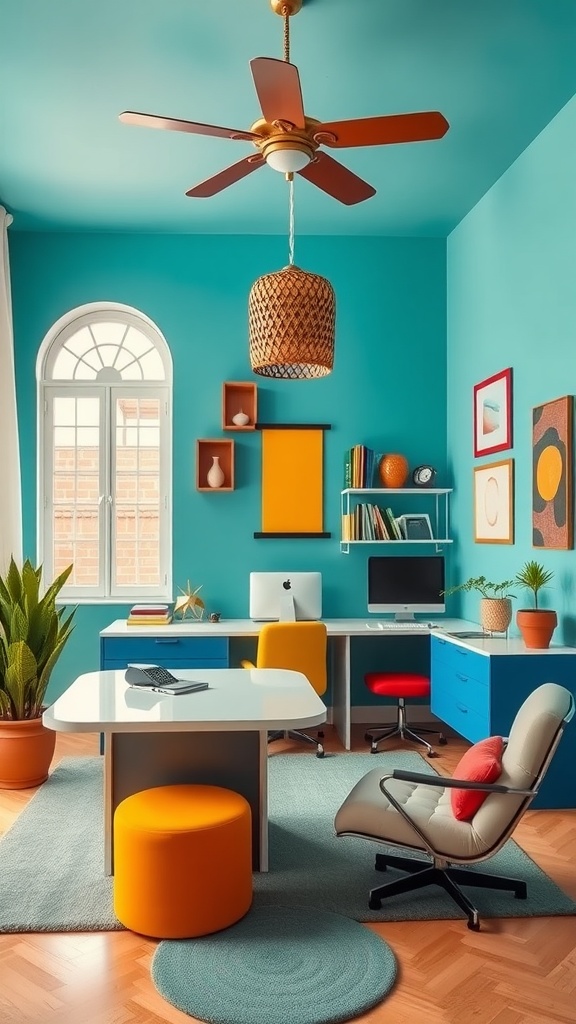 A colorful home office with teal walls, modern furniture, and playful decor elements.