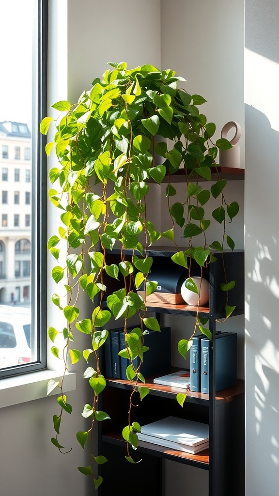 A vibrant pothos plant cascading down a shelf in an office setting, showcasing its lush green leaves against a bright window.
