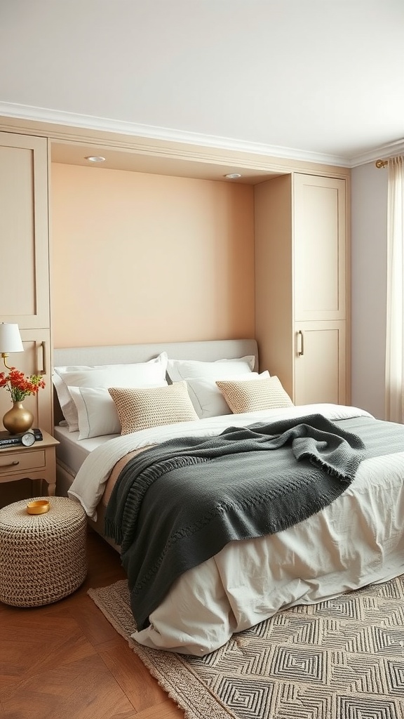 A cozy guest bedroom office with a murphy bed, decorated with soft linens and stylish accessories.