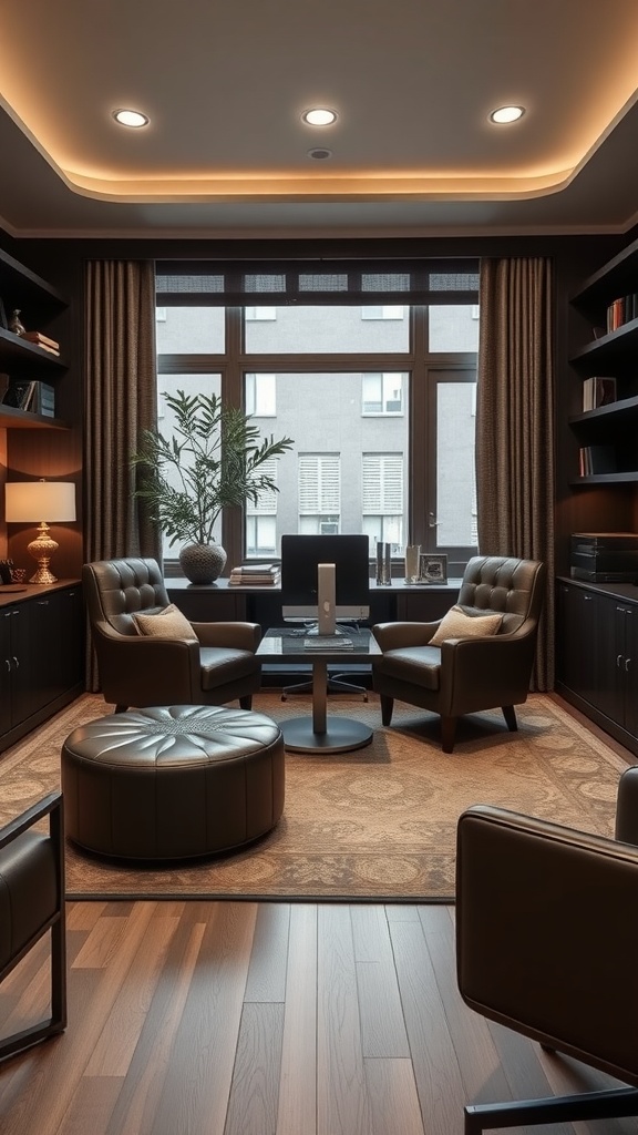 Modern office room setup with large windows, stylish furniture, and a comfortable consultation area.