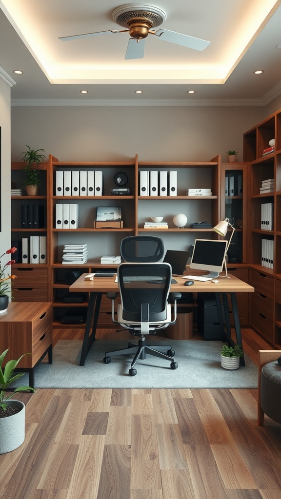 A modern home office setup featuring a wooden desk, ergonomic chair, organized shelves, and plants.