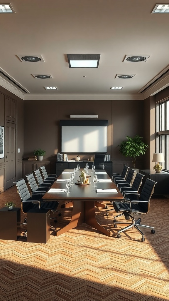 A modern professional meeting room with a large table and comfortable chairs, designed for meetings and presentations.