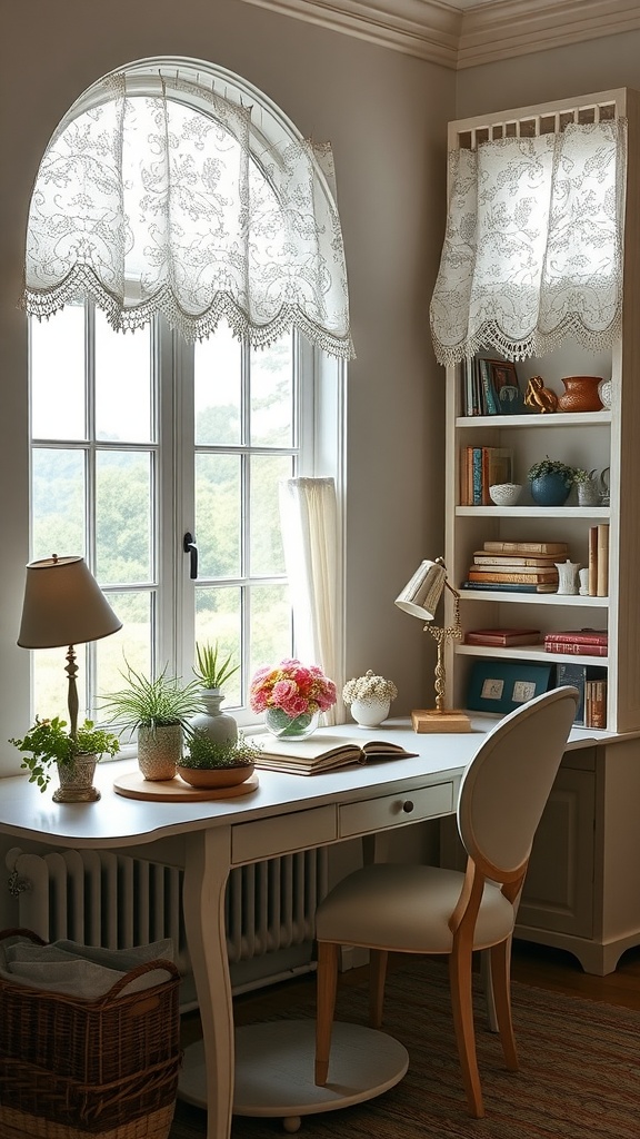 A cozy home office with lace window treatments, a wooden desk, and plants.