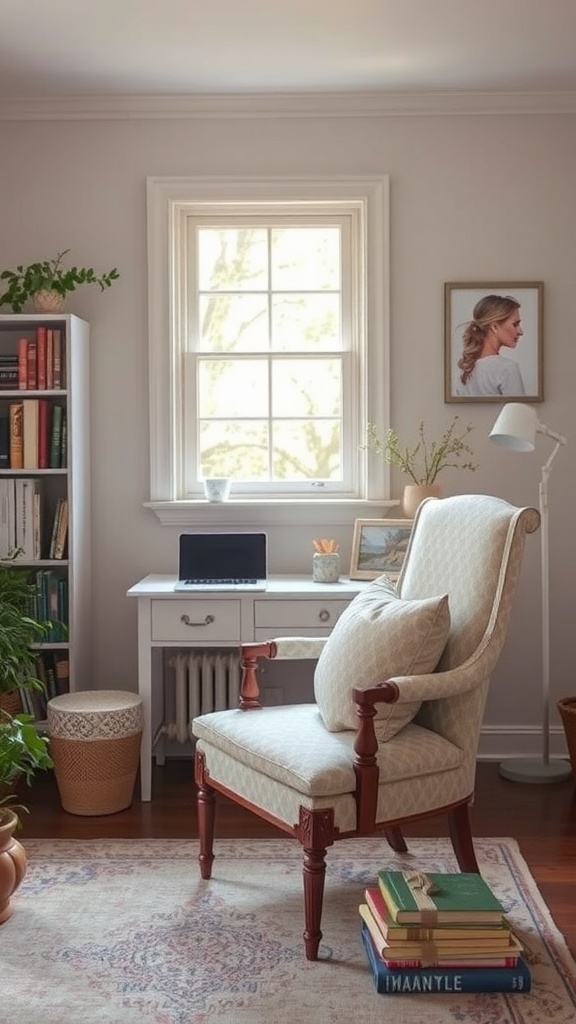 A cozy home office featuring a vintage desk and a comfortable chair, surrounded by bookshelves and plants.