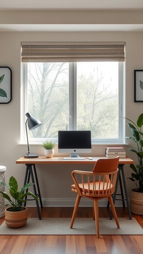 A tidy home office setup with a wooden desk, an orange chair, a computer, and plants next to a window.