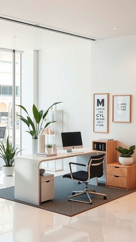 A minimalist office space with two desks, modern chairs, a plant, and a large wall poster.