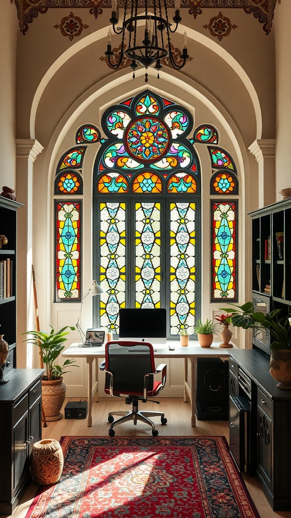 A home office featuring radiant stained glass windows with a modern desk and office chair.